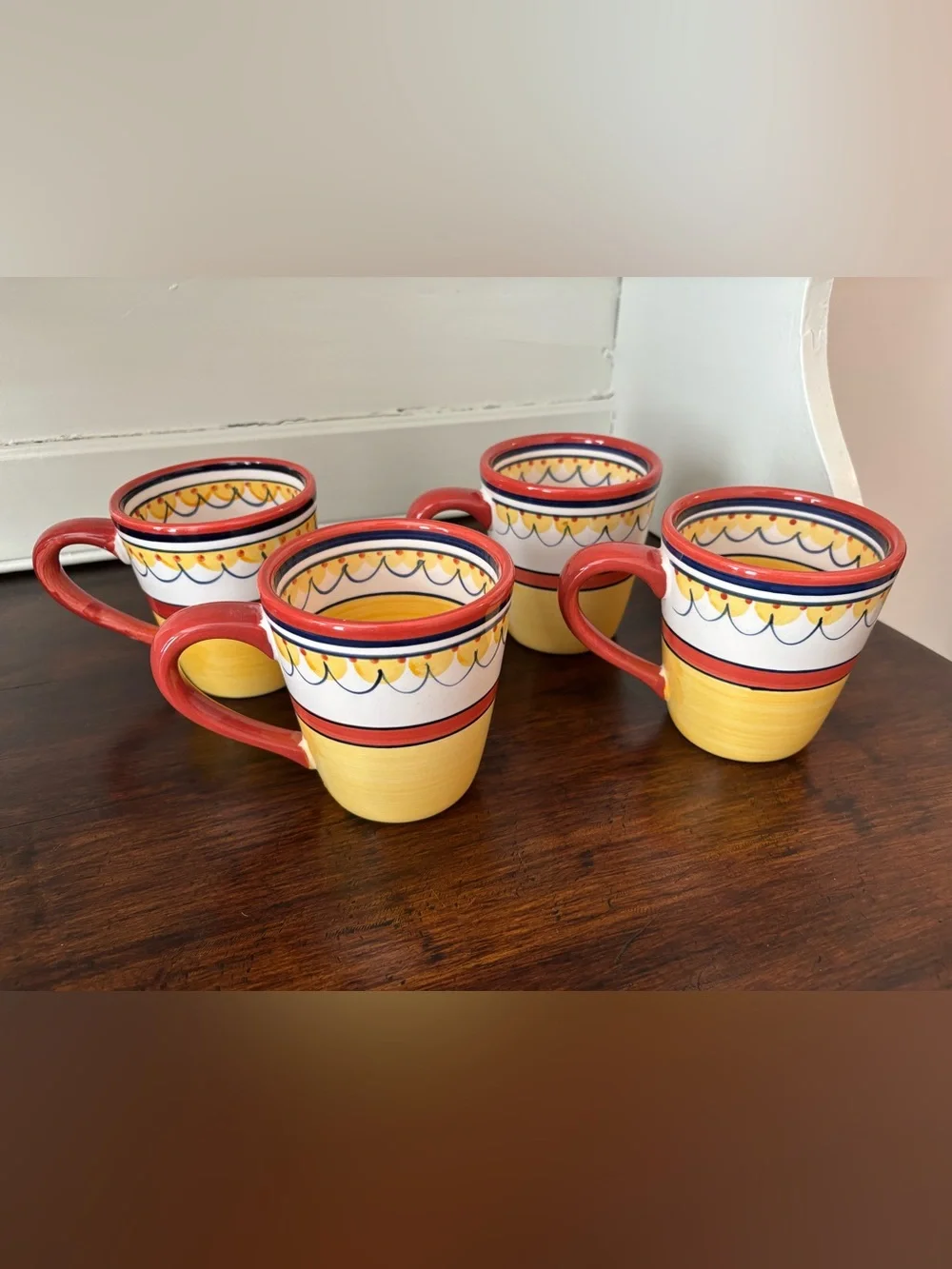 Pier 1 Del Sol Hand Painted Earthenware Yellow Coffee Tea Mugs Set of 4